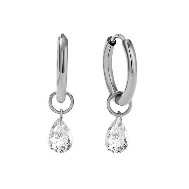 Stainless Steel Waterdrop Zircon Hoop Earrings for Women Men Gold Color Silver Color F close-up view