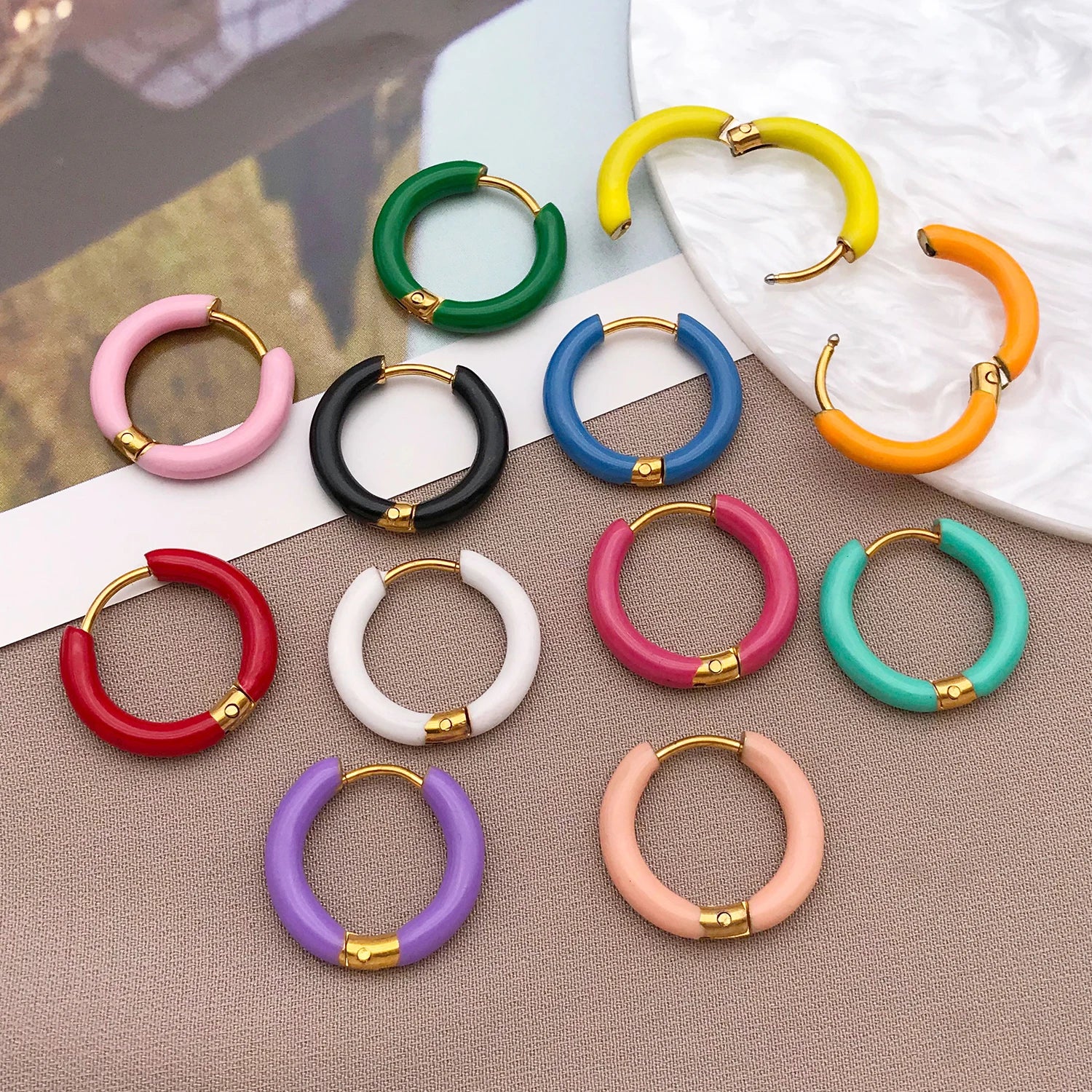 2pcs Candy Color Enamel Hoop Earrings | Sweet Summer Stainless Steel Jewelry detail view