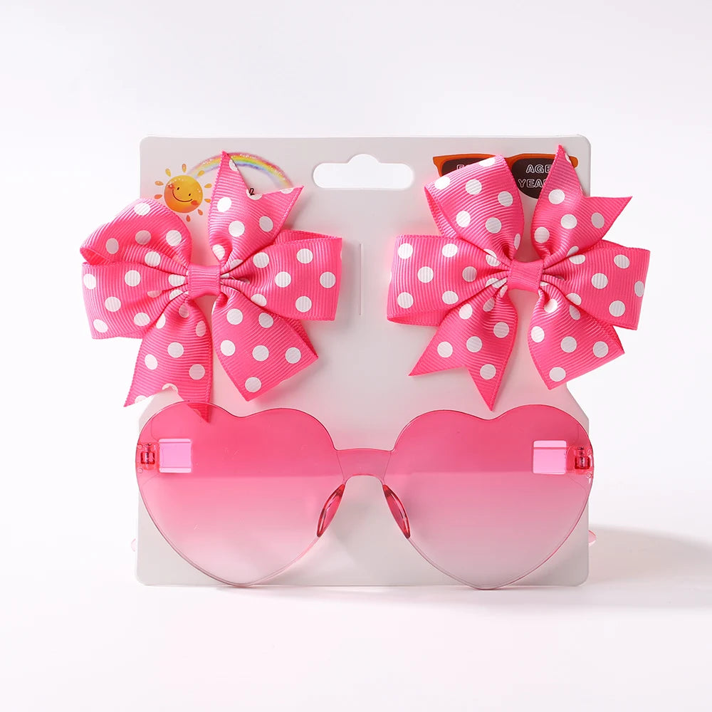 3Pcs/Pack Solid Dot Hair Bows Clip Girls Boutique Bowknot Hair Clips Kids Colorful Heart Sun Glasses