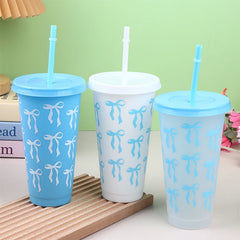 710ml Bow Reusable Party Cups With Straw Lid Coffee Juice Tea Cute Tumbler With Straw Pl detail view