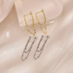 Silver Tassel Drop Earrings | Double Chain Rear-Hanging Earrings for Women close-up view