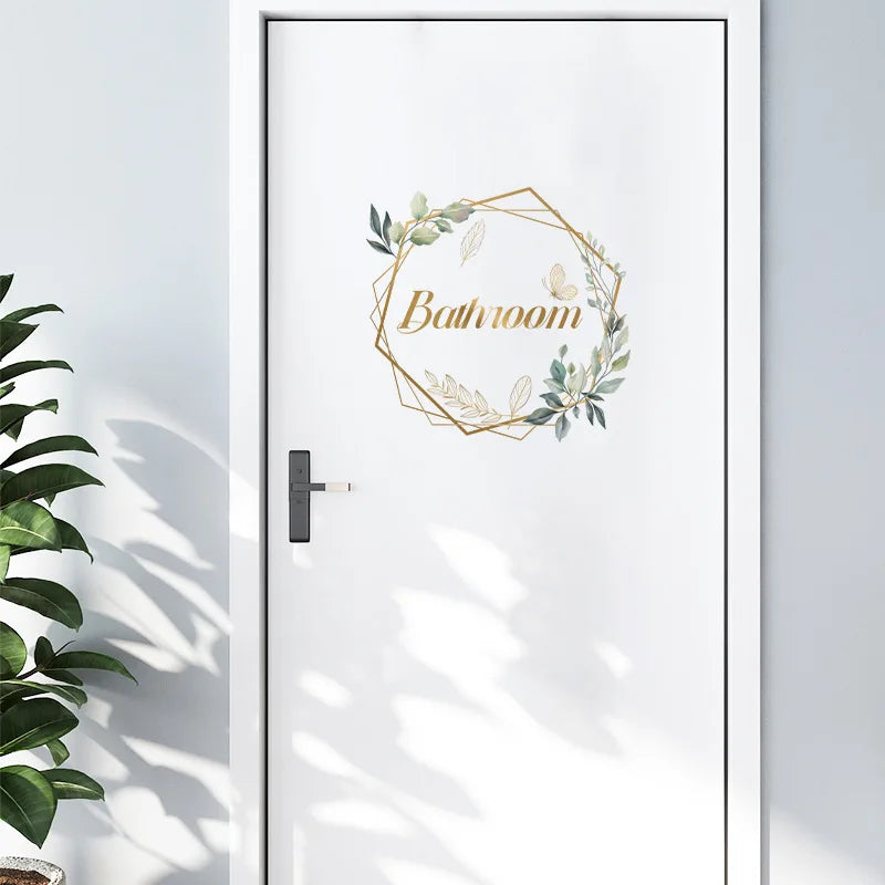 Green Plant Toilet Door Sticker Golden Letter Removable Self-adhesive Waterproof PVC alternate view