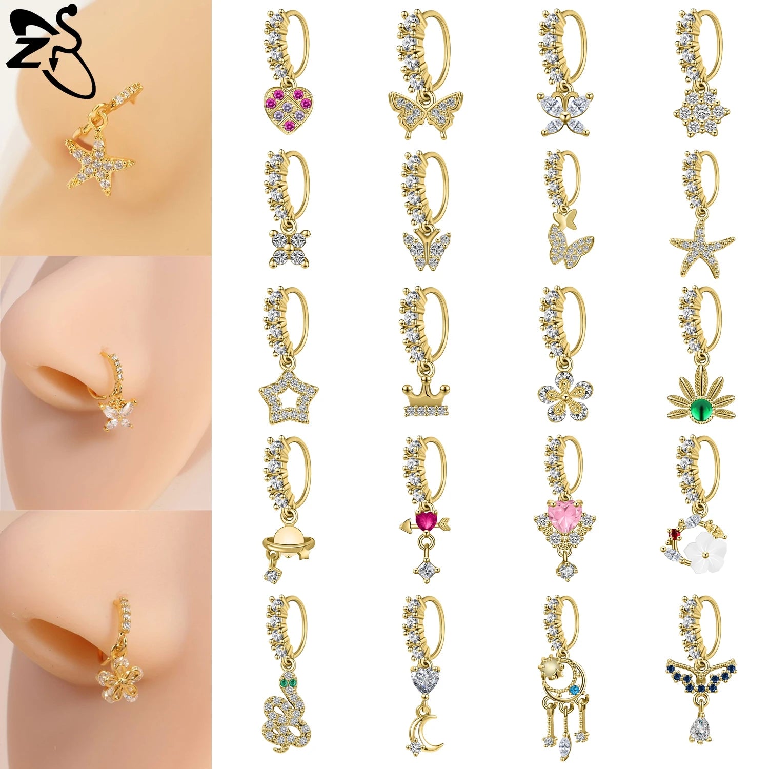 ZS 1 Piece 20G Trendy Hoop Nose Rings Women Moon Star Flower Pendant Septum Piercing Ear Helix Carti