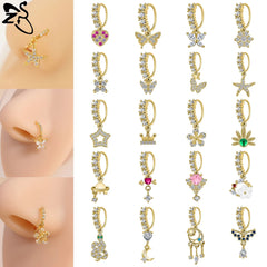 ZS 1 Piece 20G Trendy Hoop Nose Rings Women Moon Star Flower Pendant Septum Piercing Ear Helix Carti