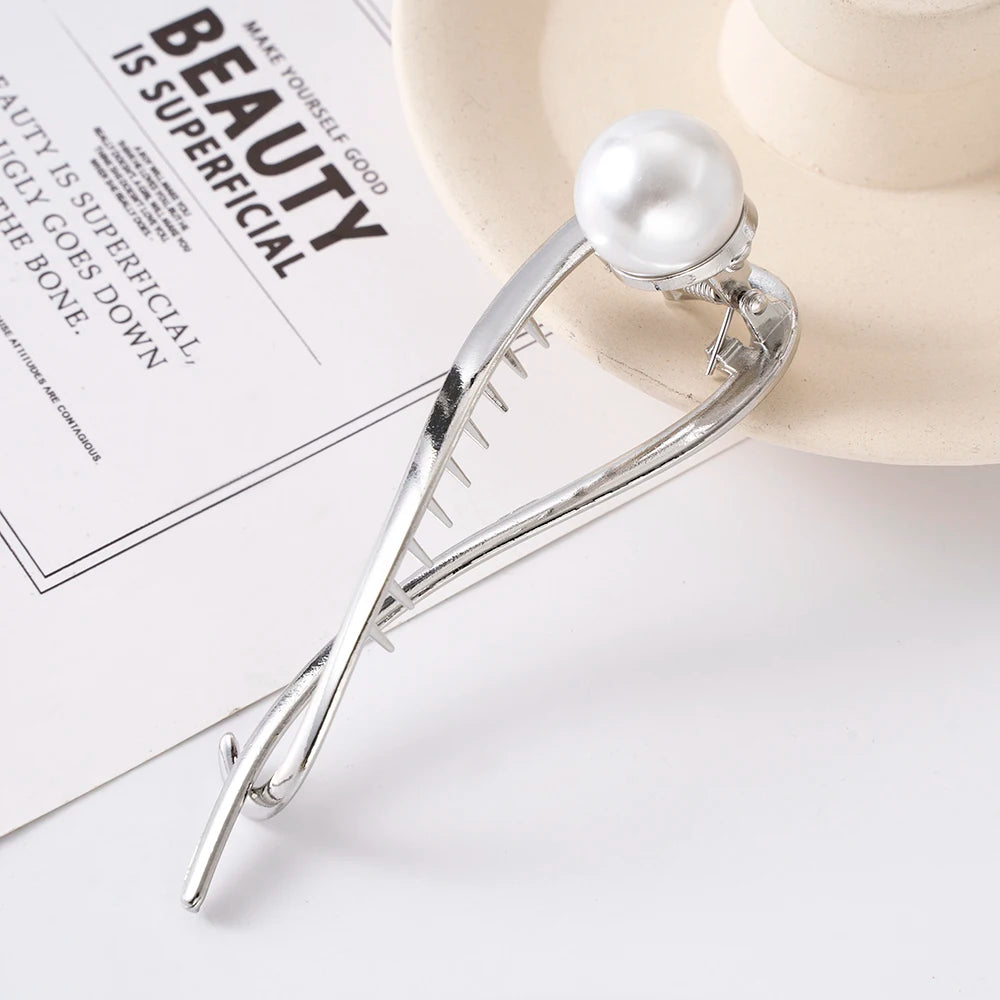 Metal Pearl Hair Claw Clip Women Hair Bun Twist Hairpin Flowers Headband Rhinestone Bana detail view