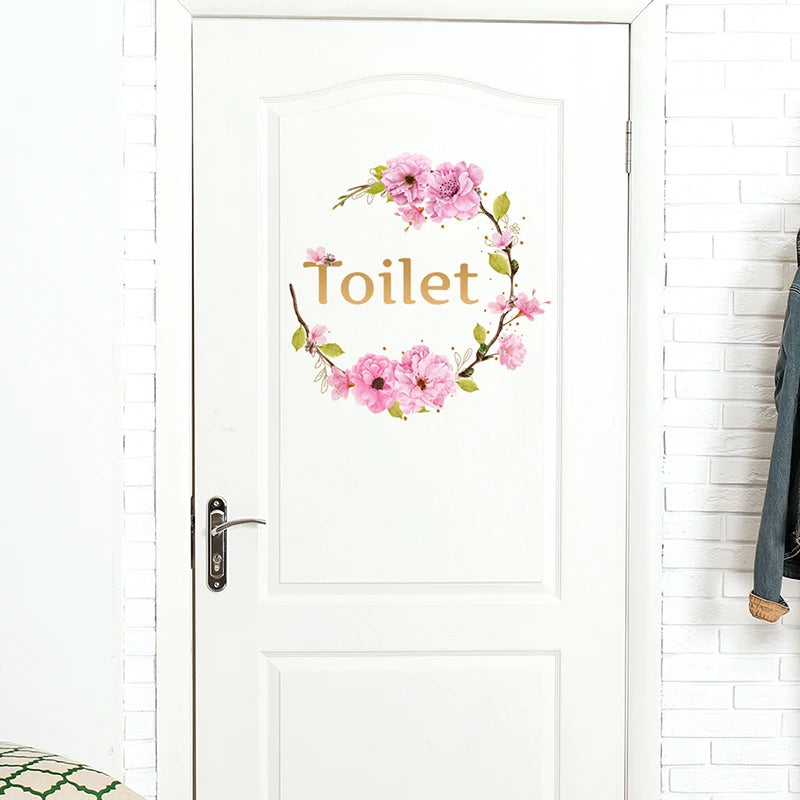 Flower Toilet Door Wall Stickers | Elegant Bathroom Decor Signs close-up view