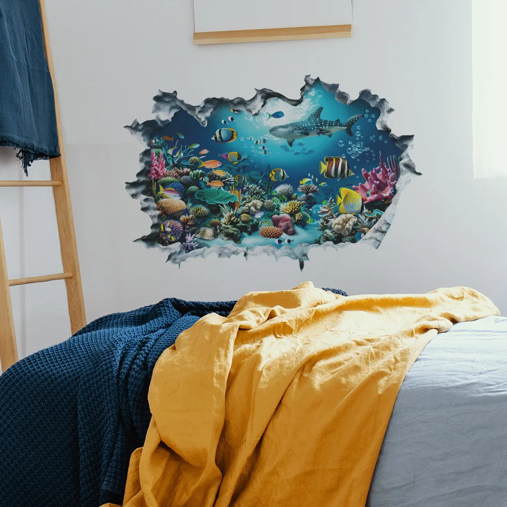 3D Shark Wall Stickers for Kids Room | Ocean Aquarium Broken Wall Decals lifestyle view