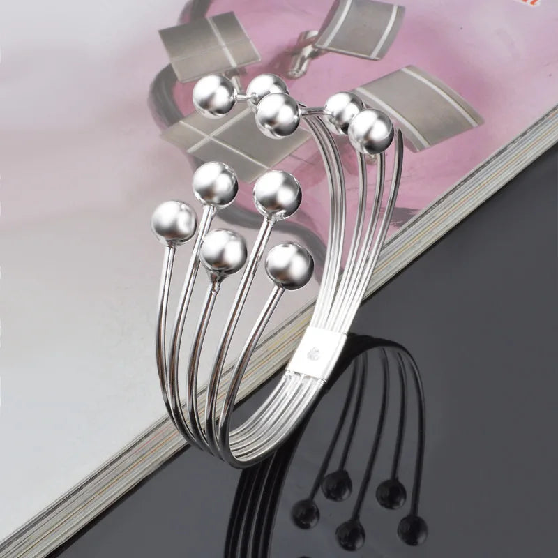 Andara 925 Silver Bead Open Cuff Bracelet Bangle | Unisex Sterling Silver Jewelry Gift detail view
