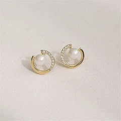 Elegant and Fashionable Geometric round Earrings, Personalized Imitation Pearl round Zircon Earrings, Hollowed out Finished Earr