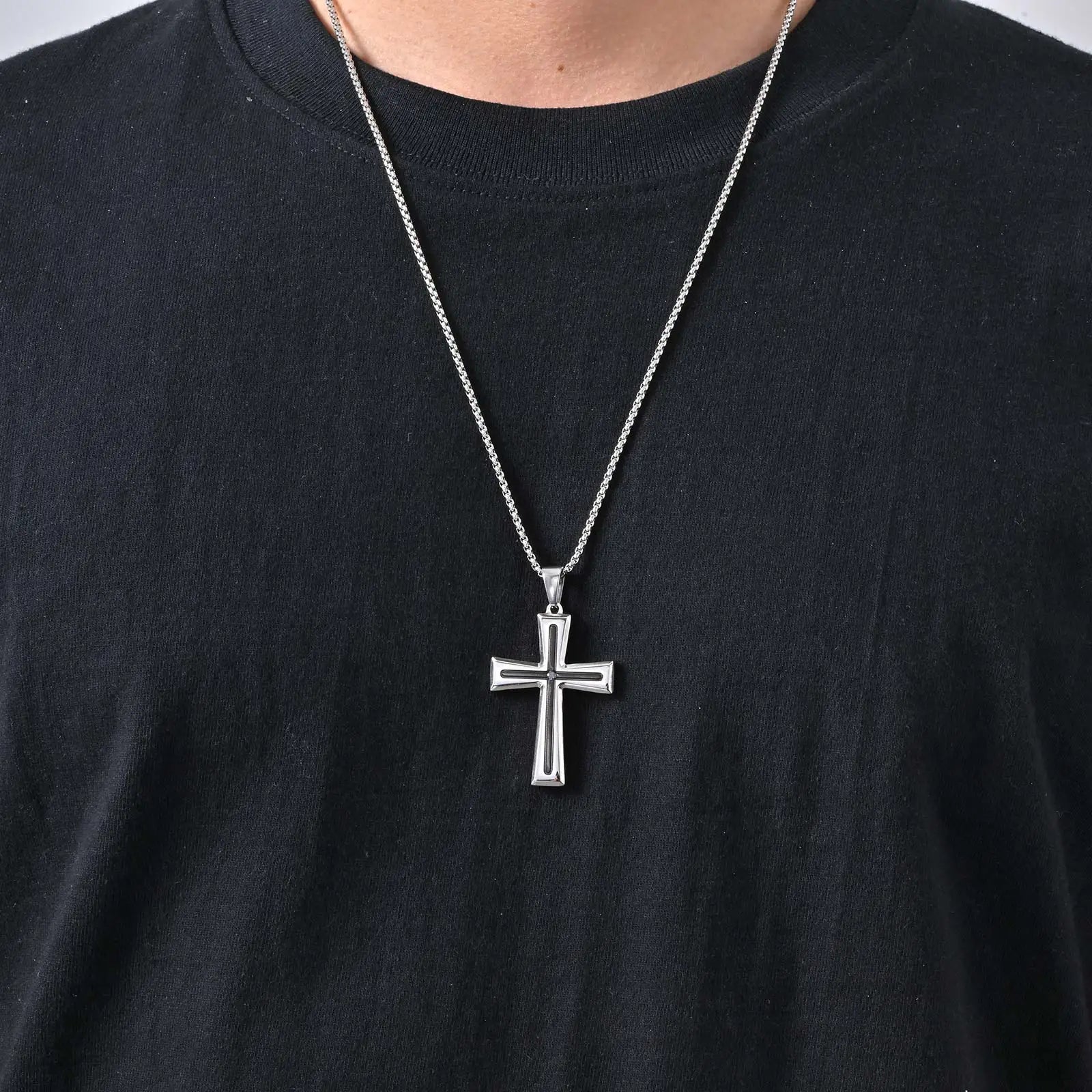 Plain Cross Necklace for Men and Boys | Stainless Steel Silver Tone Religious Jewelry close-up view