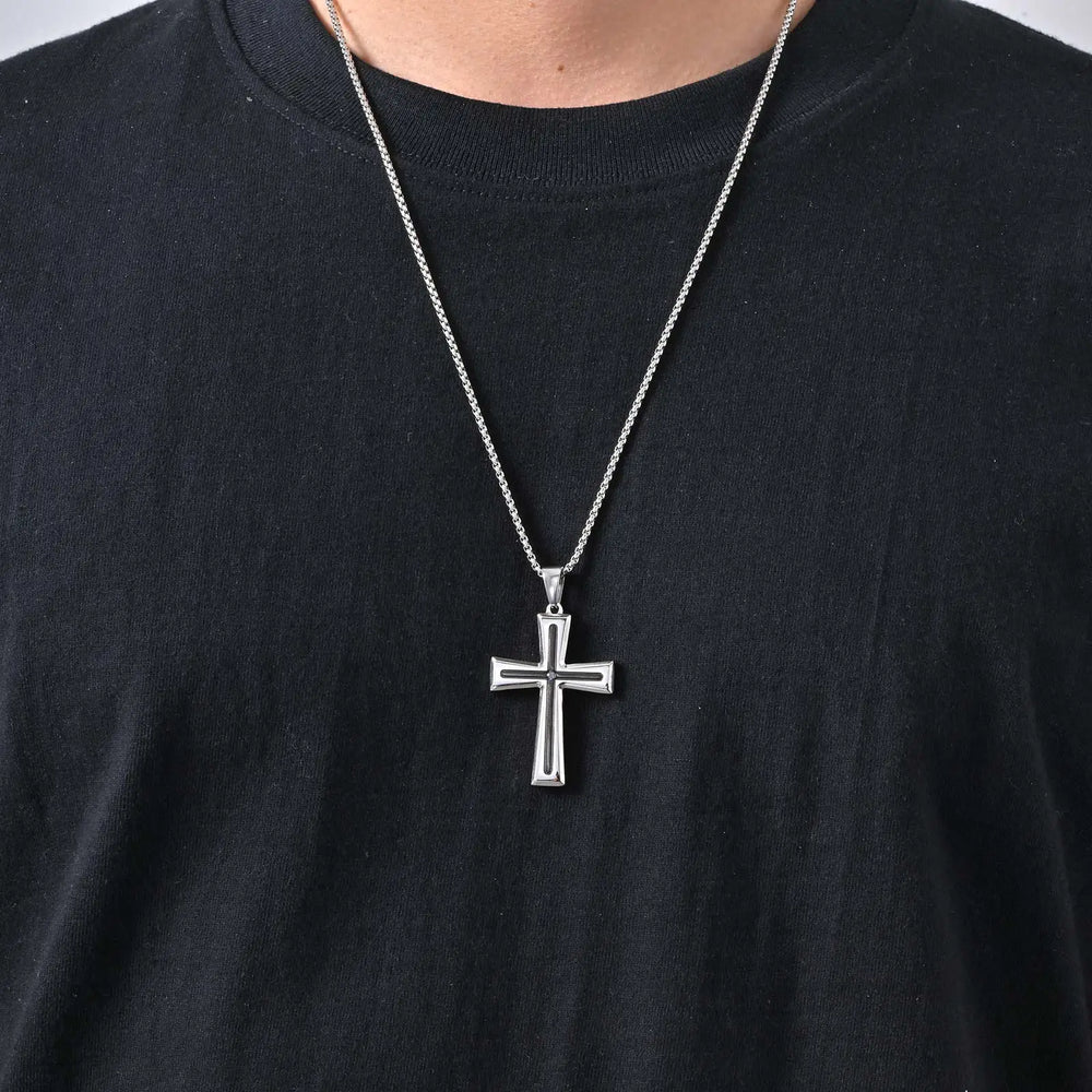 Plain Cross Necklace for Men and Boys | Stainless Steel Silver Tone Religious Jewelry close-up view