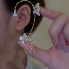 Sparkling Zircon Flower Butterfly Ear Bone Clip for Women Without Piercing Tassel Ear Cuff Clip Earr