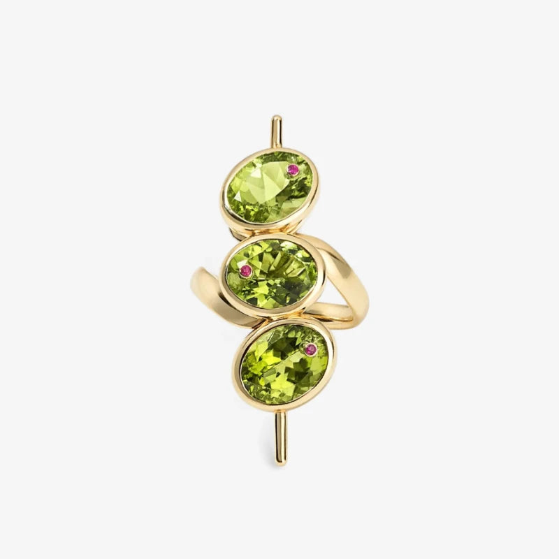 Exquisite Bead Shaped Geometric Design Inlaid with Green Synthetic Zirconia Ring fo additional angle