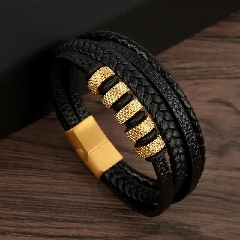 Classic Men's Leather Bracelet New Style Hand-woven Multi-layer Combination Accessory close-up view