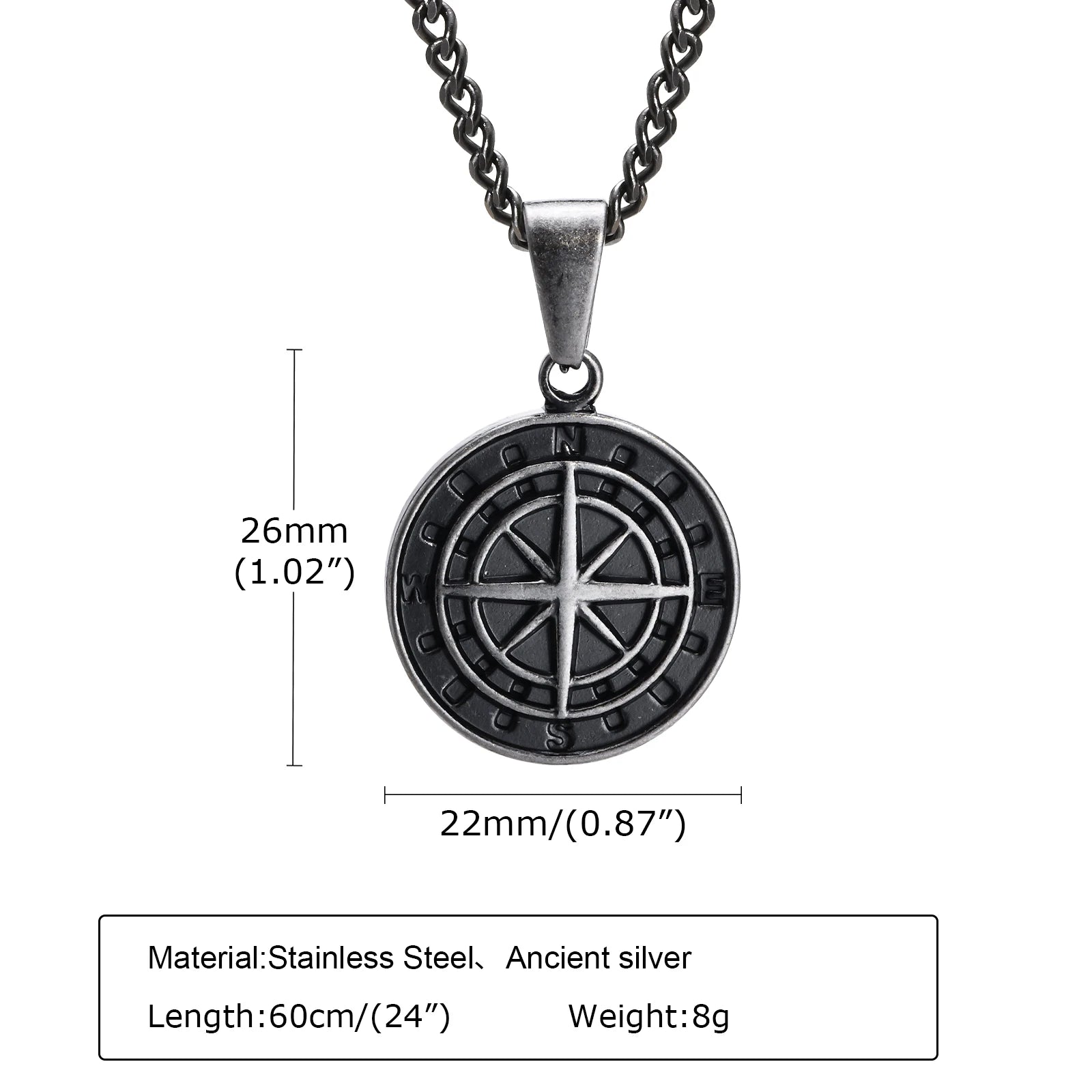 Vintage Compass Pendant Necklace | Stainless Steel Coin Necklace for Men close-up view