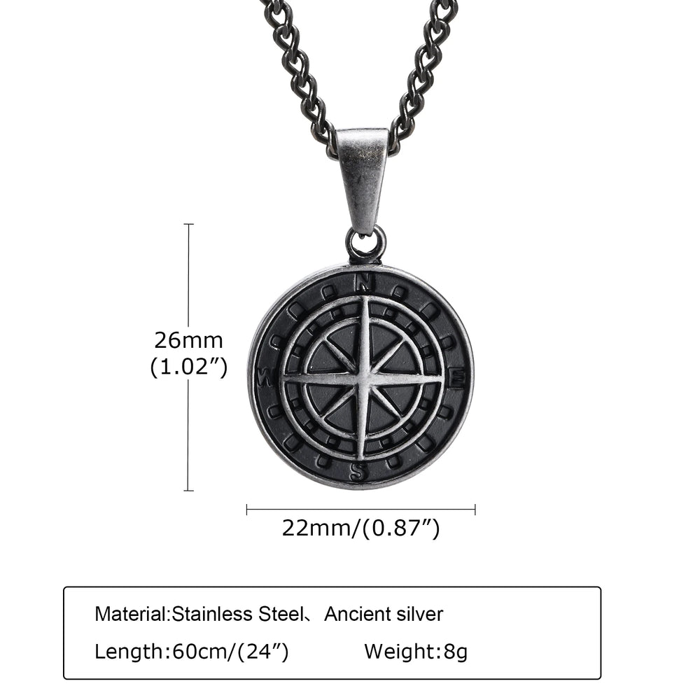 Vintage Compass Pendant Necklace | Stainless Steel Coin Necklace for Men close-up view