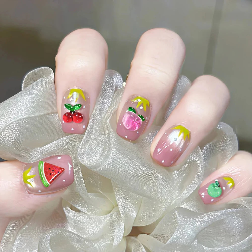 50Pcs 3D Summer Fruits Nail Charms Strawberry,Watermelo,Cherry,Peach,Lemon Flatback Na close-up view