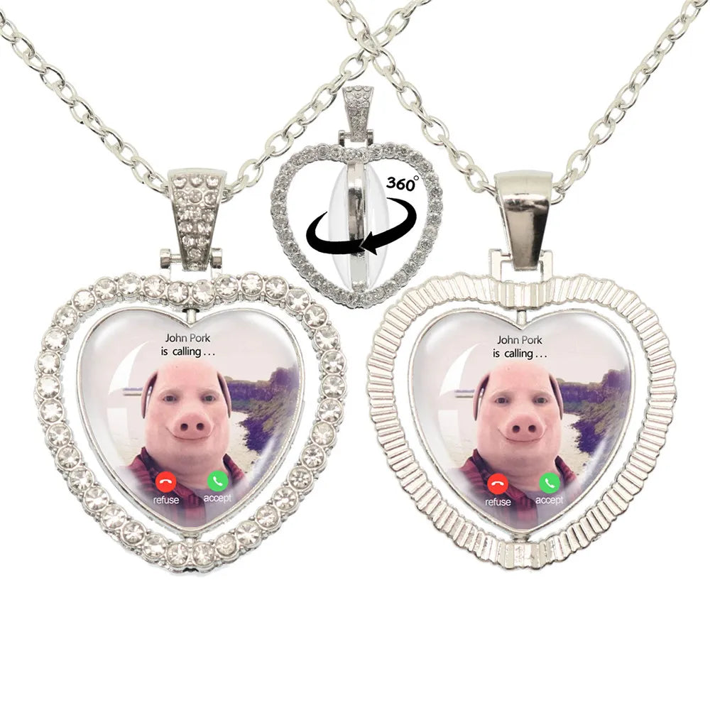 John Pork is Calling Answer Call Phone Humor Funny Pig Lover Graphic Glass Cabochon Heart-Shape Pendant Necklace Jewelry Gift