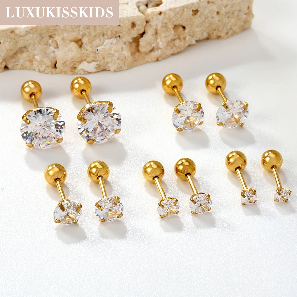 Crystal Round Stud Earrings for Men | Surgical Steel Screw Back Earrings detail view