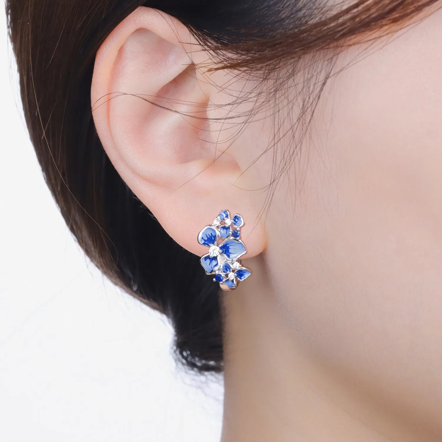 Orstarry Original 925 Sterling Silver Blue Iris Flower Earrings Women Hoop Earring Anniv detail view