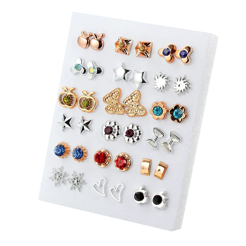 Gold Sliver Enamel Pearl Flower Heart Stud Earring Set