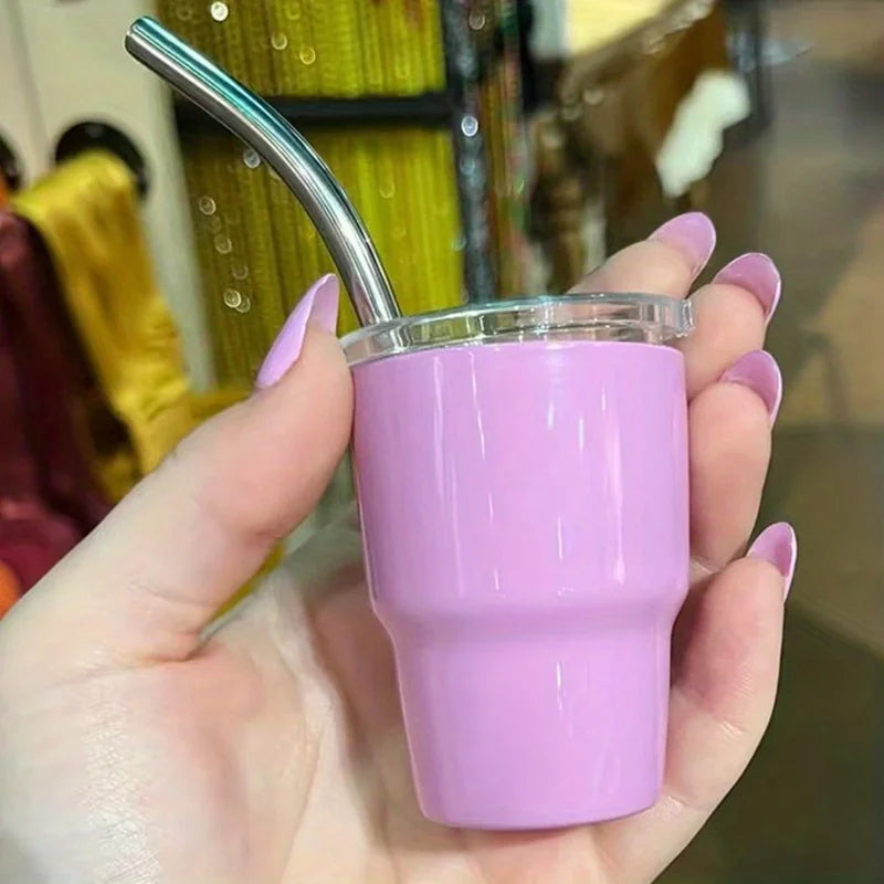 1pc60ml/2oz Durable Stainless Steel Mini Cups – Portable & Leak-Proof with Straw – Id lifestyle view
