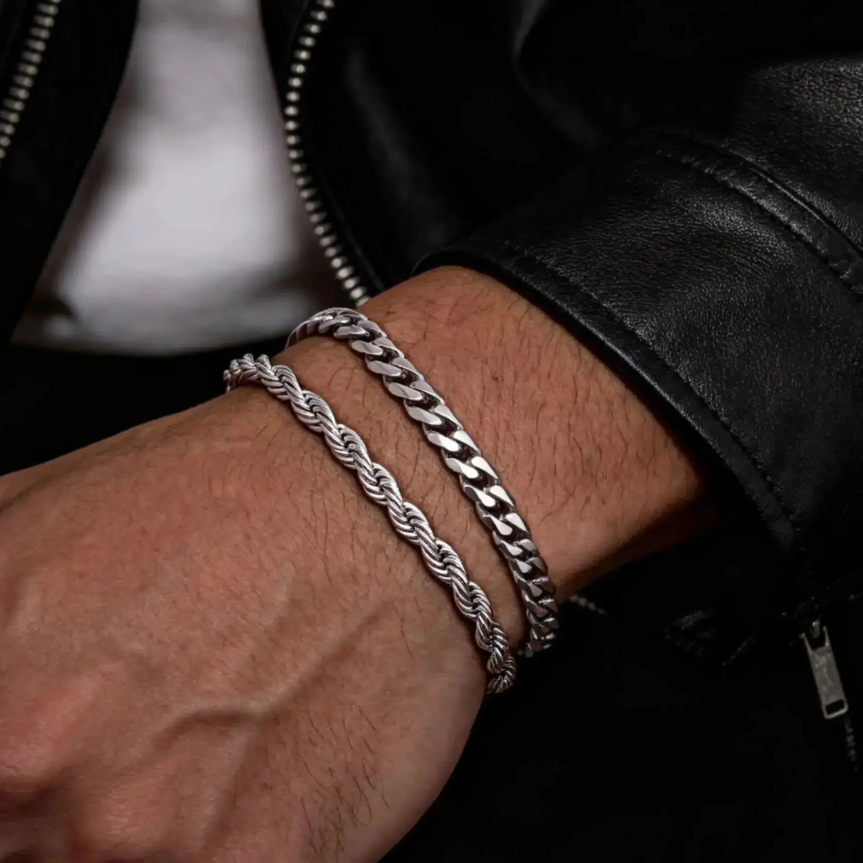 Men's Stainless Steel Chain Bracelets Set | 2pcs Silver Gold Black Twist Rope & Cuban alternate view