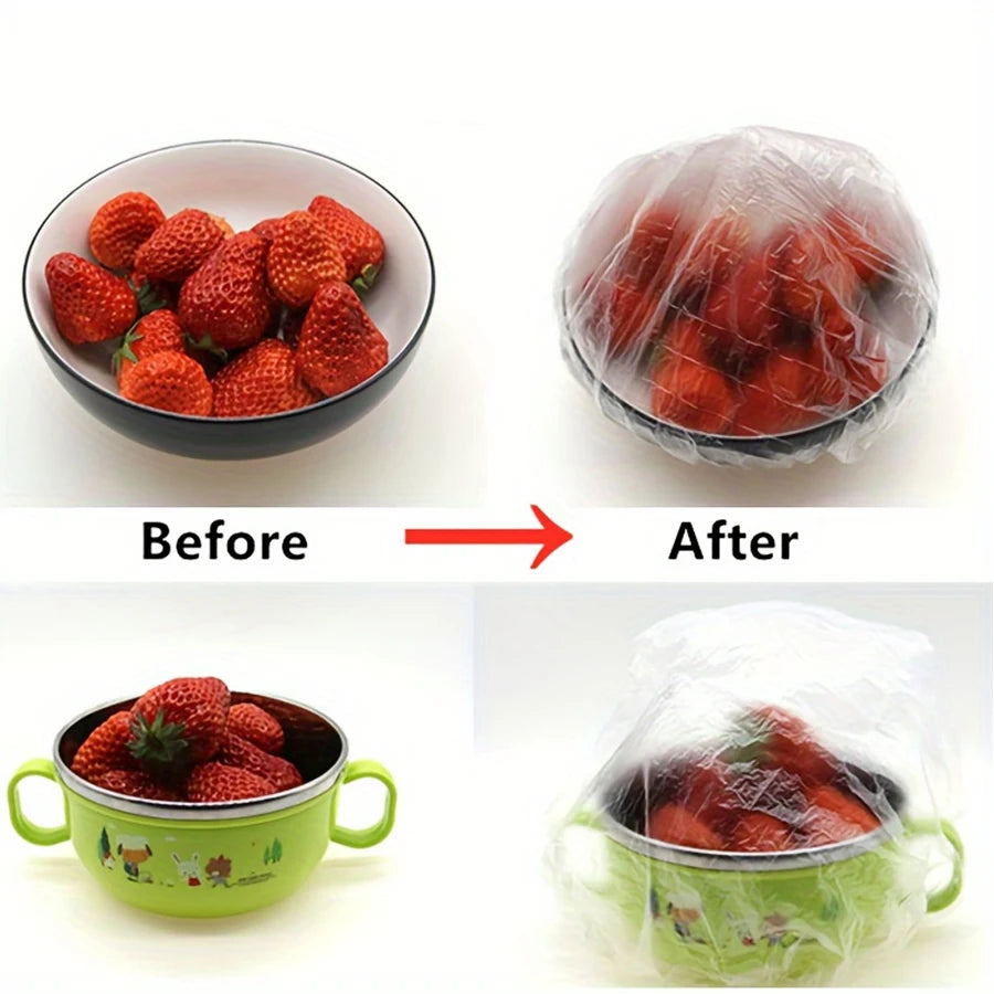 100 Piece Disposable Fresh Keeping Cover | Plastic Food Storage Covers Reusable Bowl C close-up view