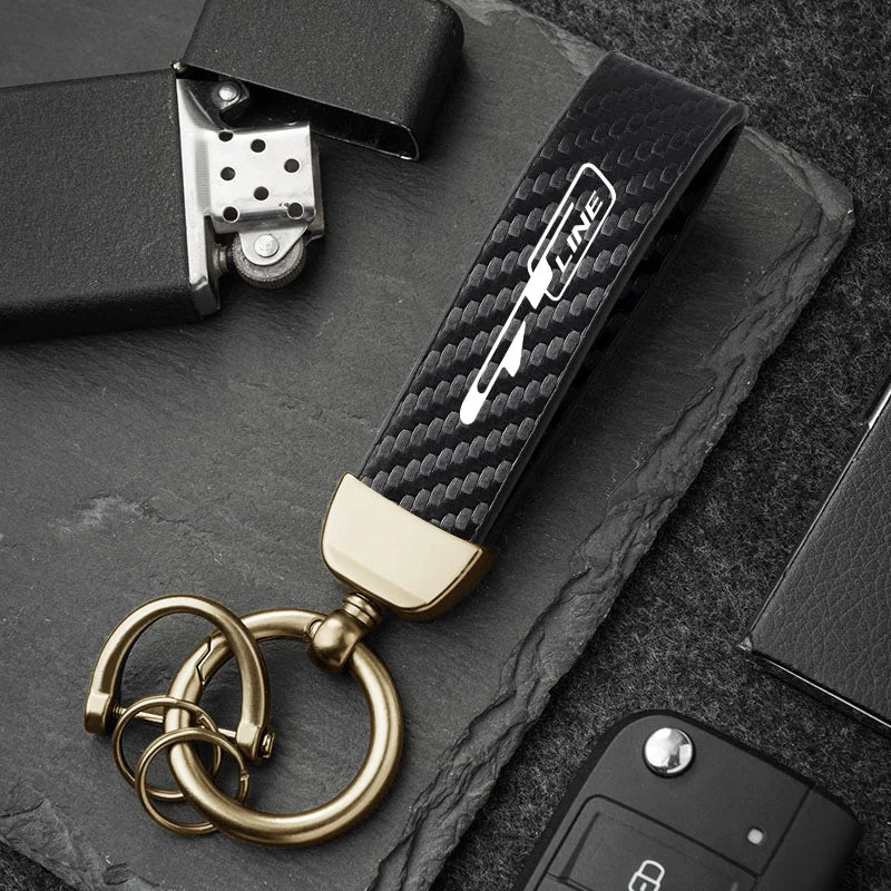 Carbon Fiber Style Keychain for KIA Models | Microfiber Leather Key Ring close-up view
