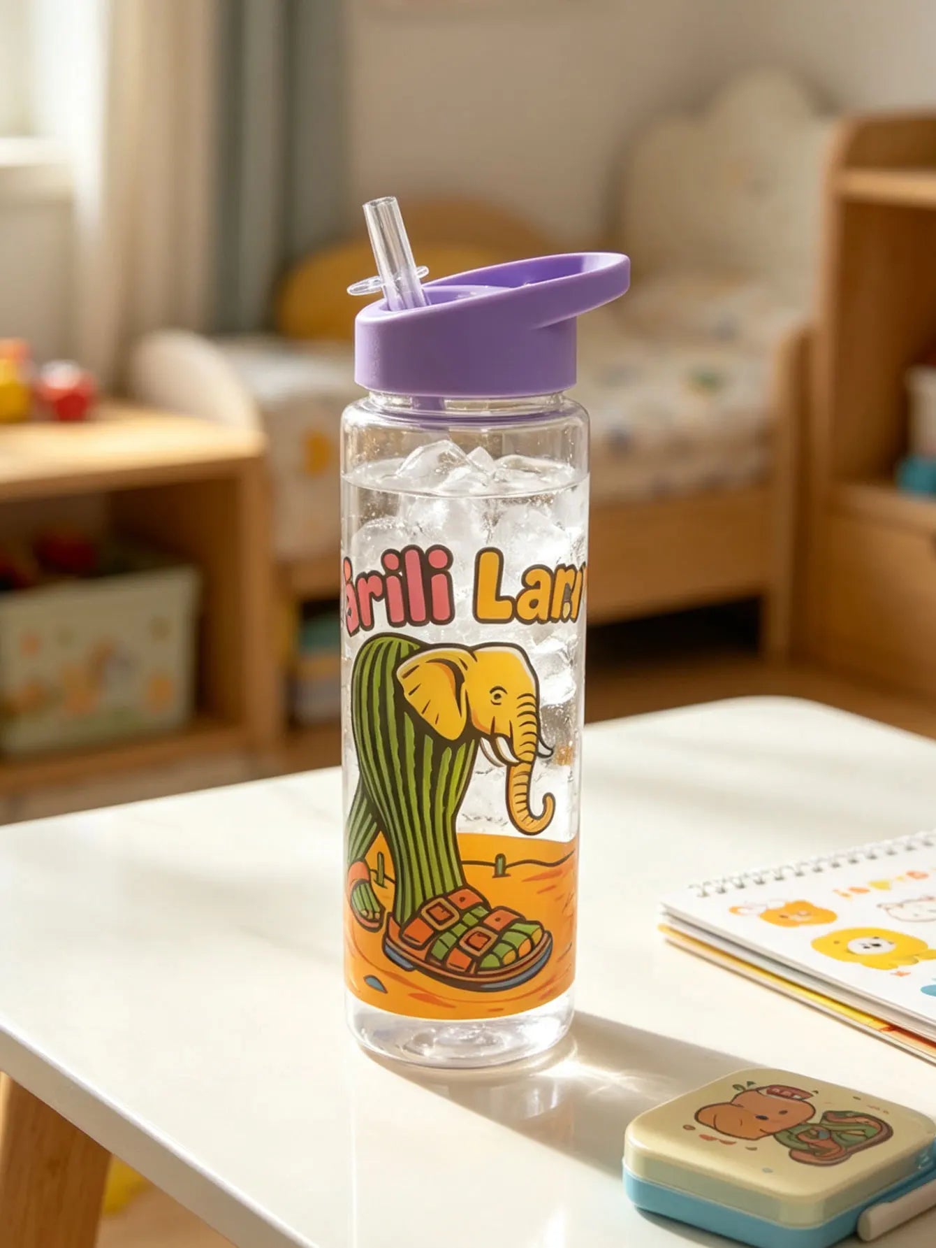 1 Piece 750ml (26 fl oz) Cartoon Printed Straw Cup, Summer Plastic Water Bottle, BPA lifestyle view
