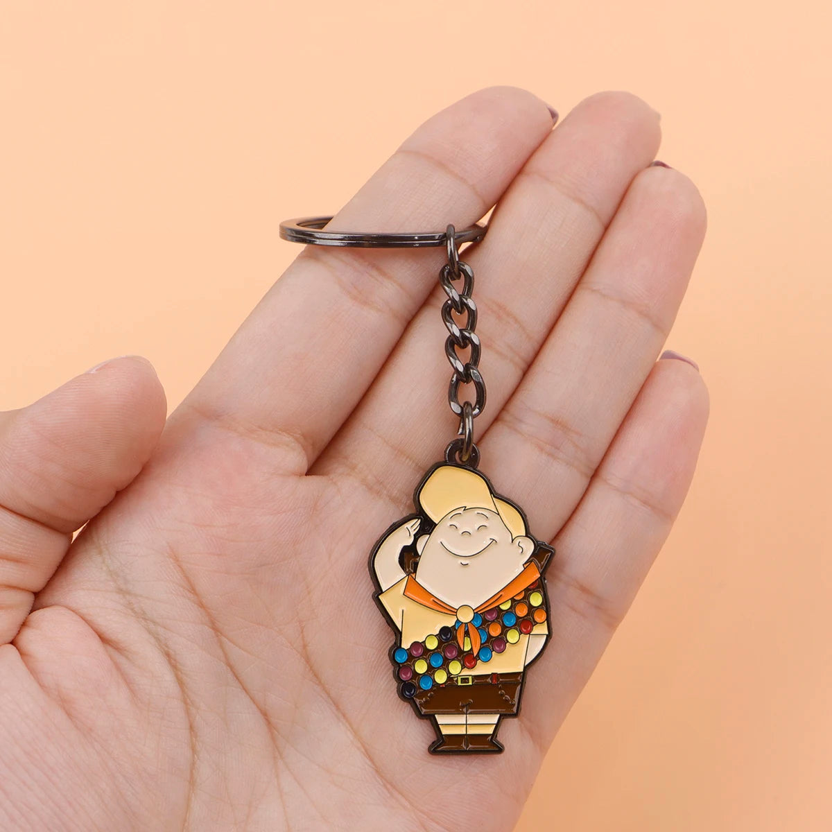 Vintage Motorcycle Keychain | Cartoon Metal Keyring for Backpack close-up view