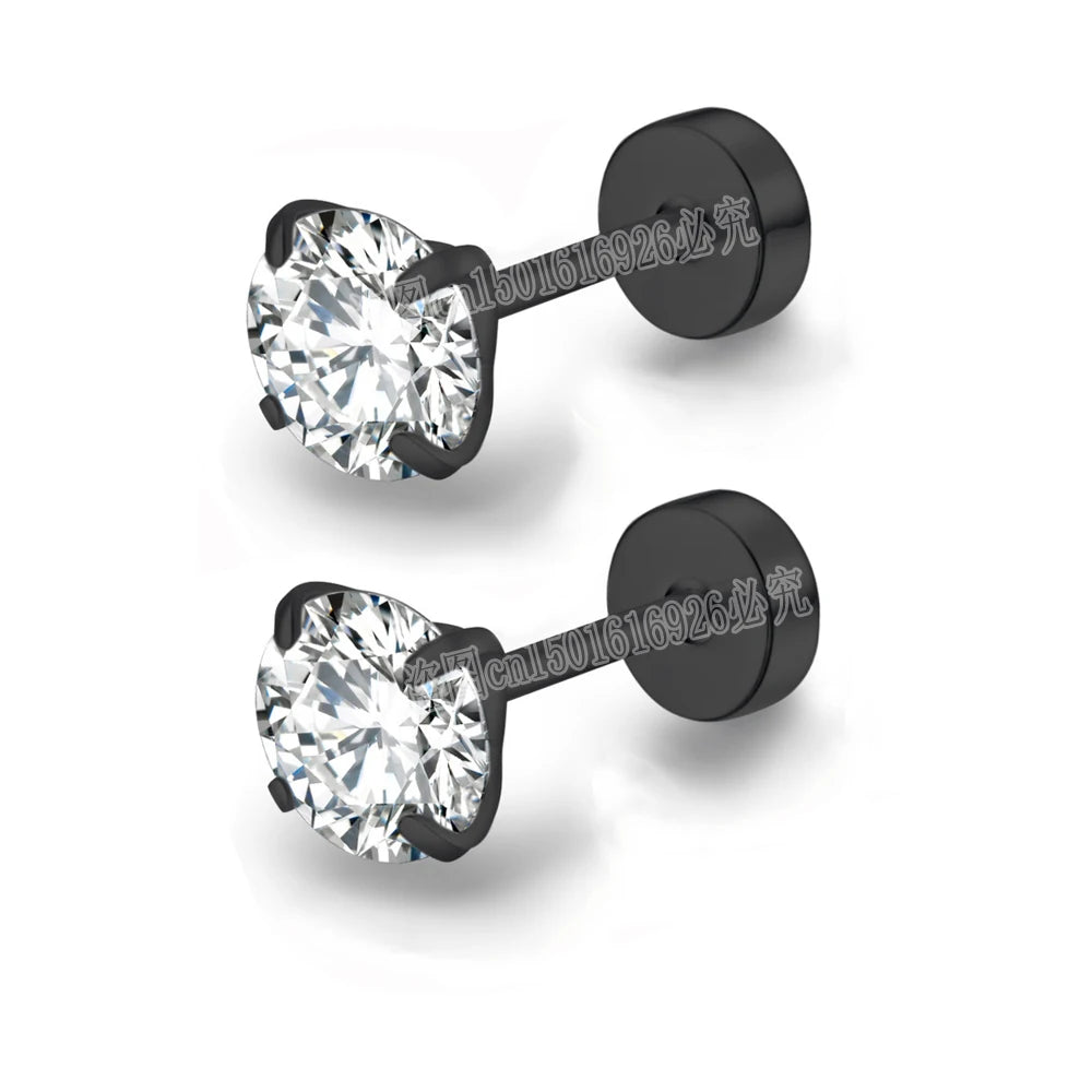 Stainless Steel Cubic Zirconia Stud Earrings | Screw-Back CZ Earrings for Women and Men detail view