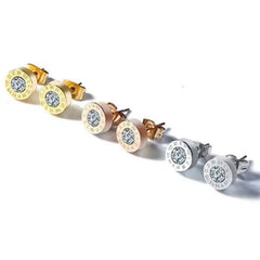 2Pcs 316 Stainless Steel Round Shine AAA CZ Diameter Roman Numeral Stud Earrings For W close-up view