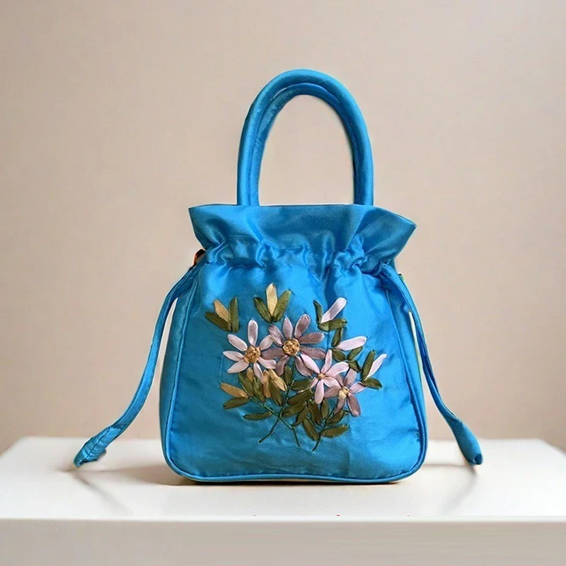 ZTBBAO Embroidered Flower Bucket Bag | Small Top Handle Handbag for Women close-up view