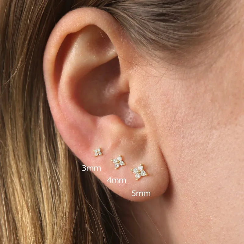 2/3Pcs Dainty CZ Flower Stud Earrings For Women, 18K Gold Plated Tiny Small Cute Cartila detail view