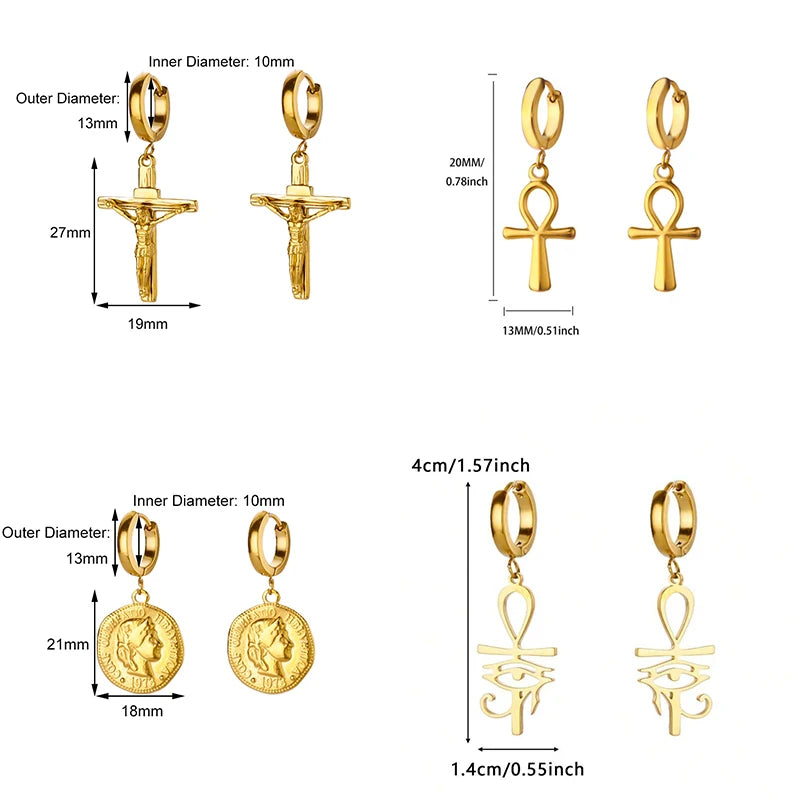 18K Gold Plated Portrait Coin Earrings | Stainless Steel Jesus Cross Dangle Huggie additional angle