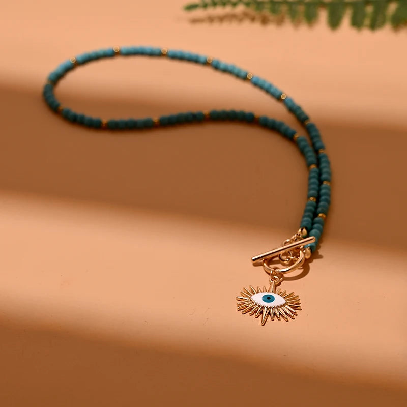 Colorful Stone Choker Necklace | Round Evil Charm Pendant for Women additional angle