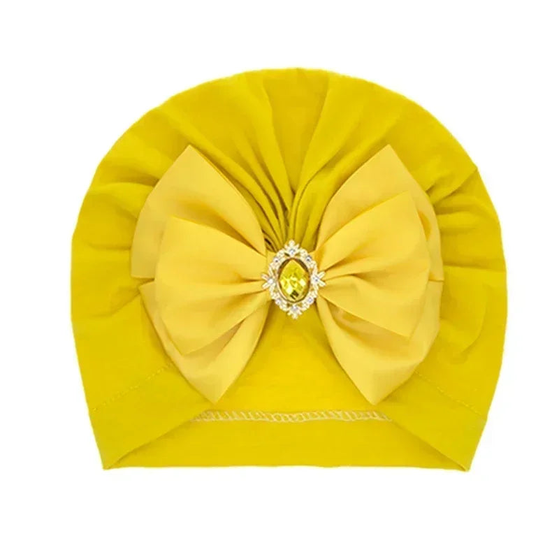 Baby Girl Bowknot Turban Hat with Rhinestone | Soft Knit Headwear for Infants detail view