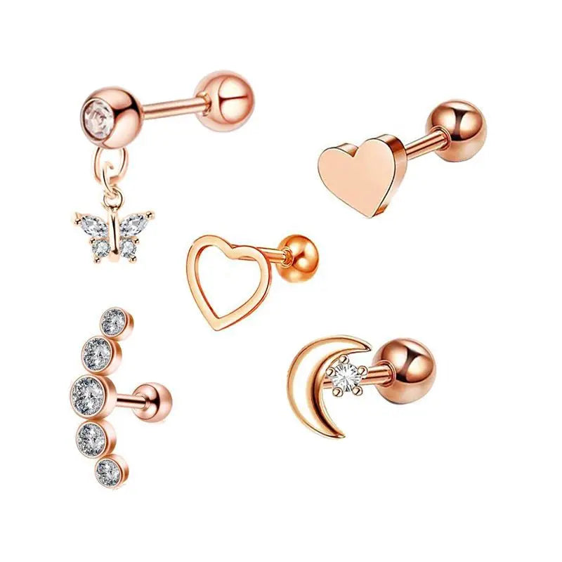 5PCS Heart Tragus Piercing Stud Earring Set Small Lobe Stud Earrings Cartilage Piercing detail view
