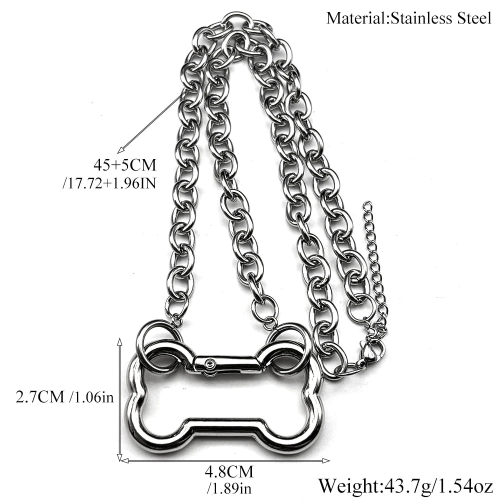 Punk Dog Bone Pendant Necklace | Stainless Steel Silver Goth Choker detail view
