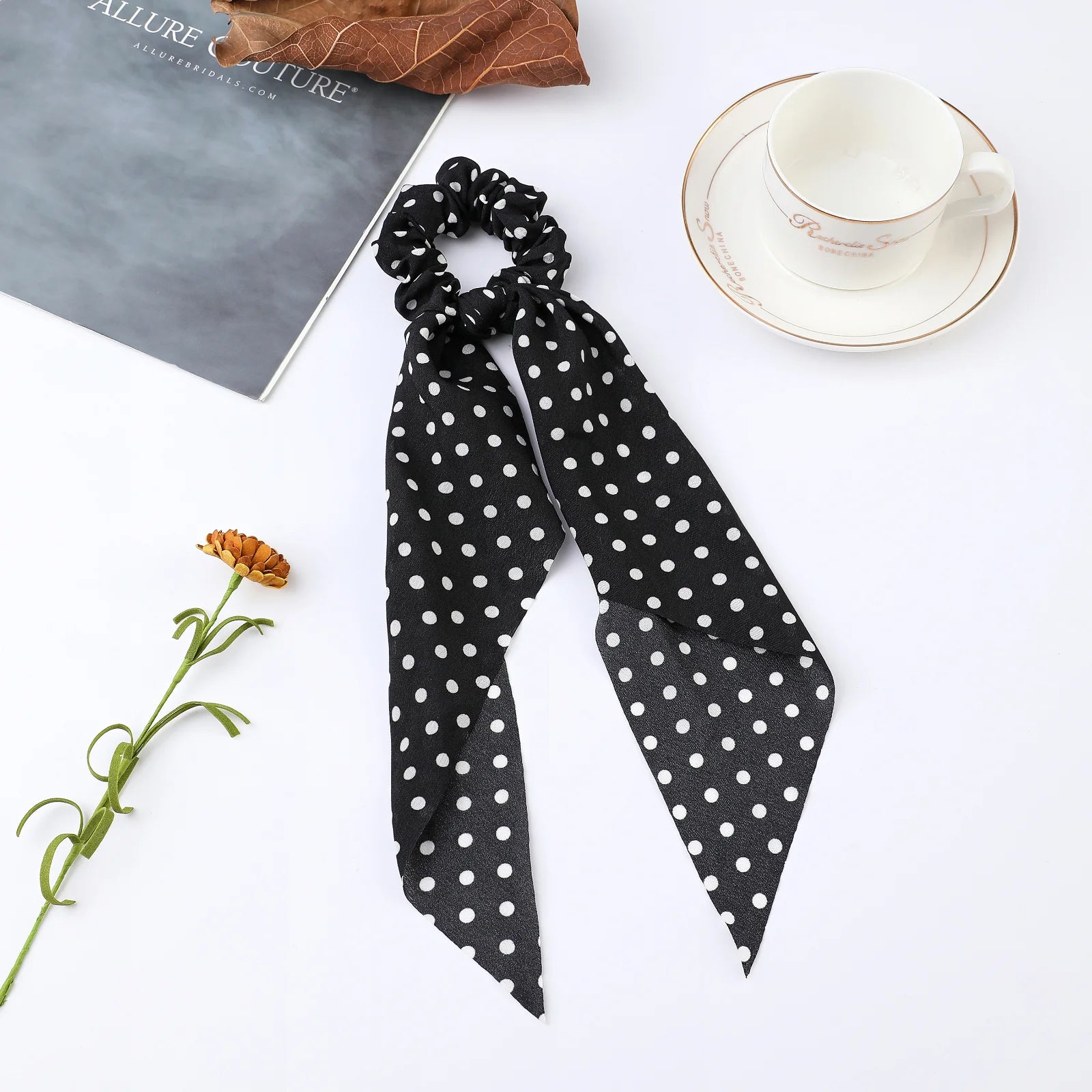 Fashion Flower Print Bow Satin Long Ribbon Ponytail Scarf Tie Scrunchies Women Girl additional angle