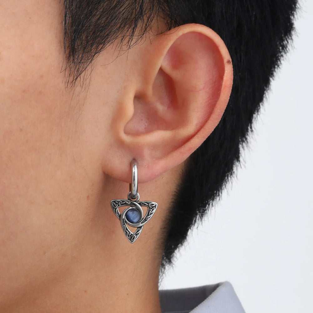 Geometric Triangle Earrings for Men Boys,Viking Natural Stone Inlaid Huggies Hoop Earrin detail view