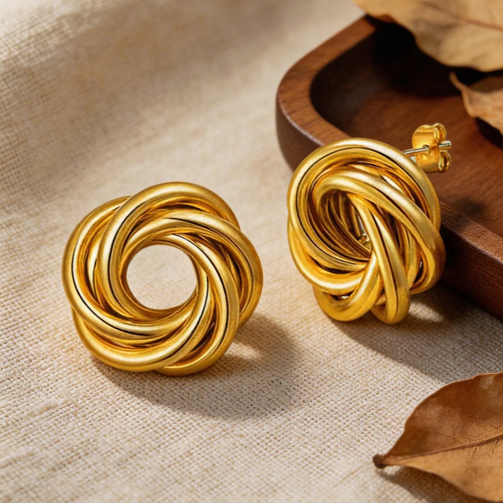 18K Gold Twist Knot Stud Earrings | Geometric Textured Screw-Back Earrings for Women lifestyle view