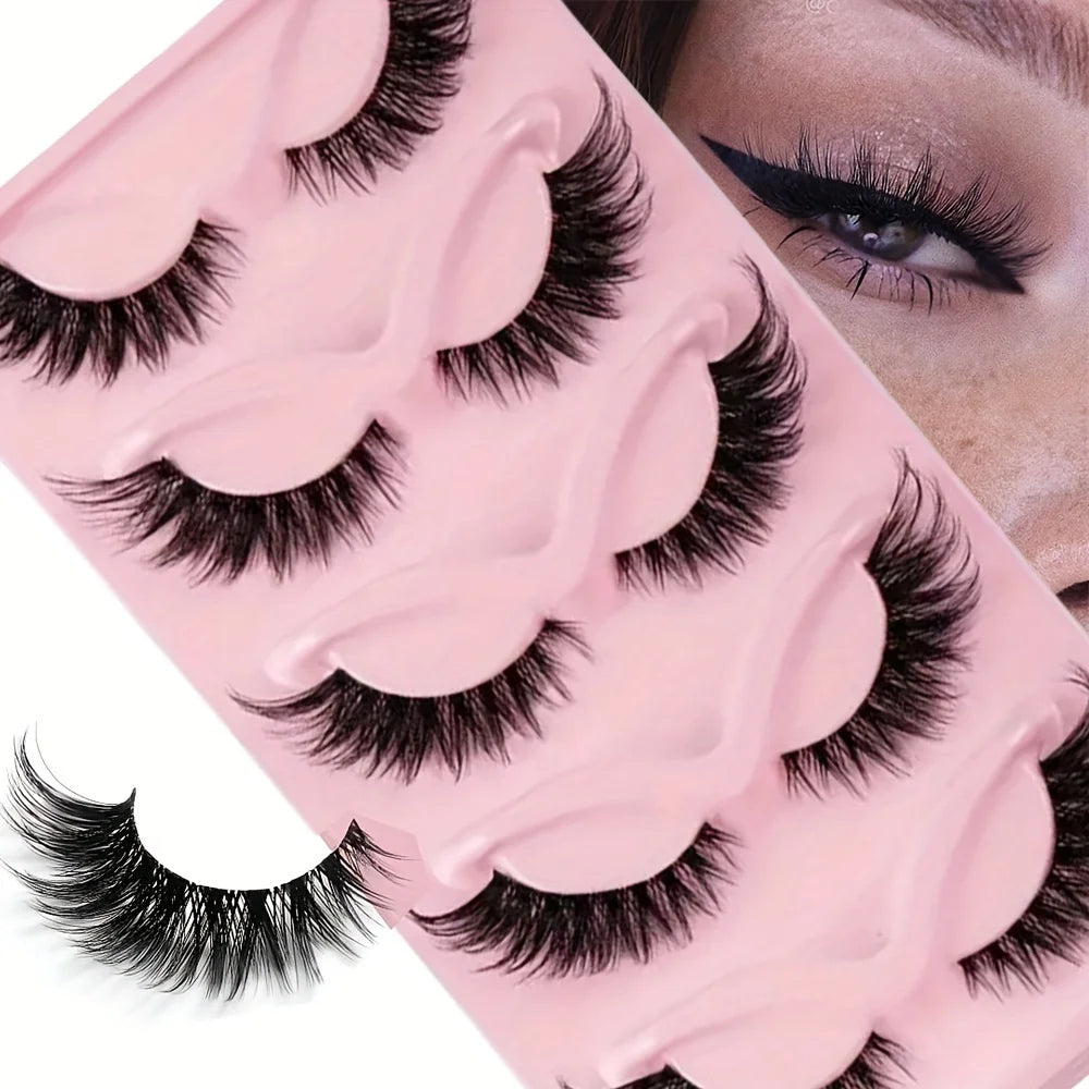 5 Pairs False Eyelashes - Natural Long, Cat Eye Style, Winged Tips, Manga Lashes for Eye Elongation