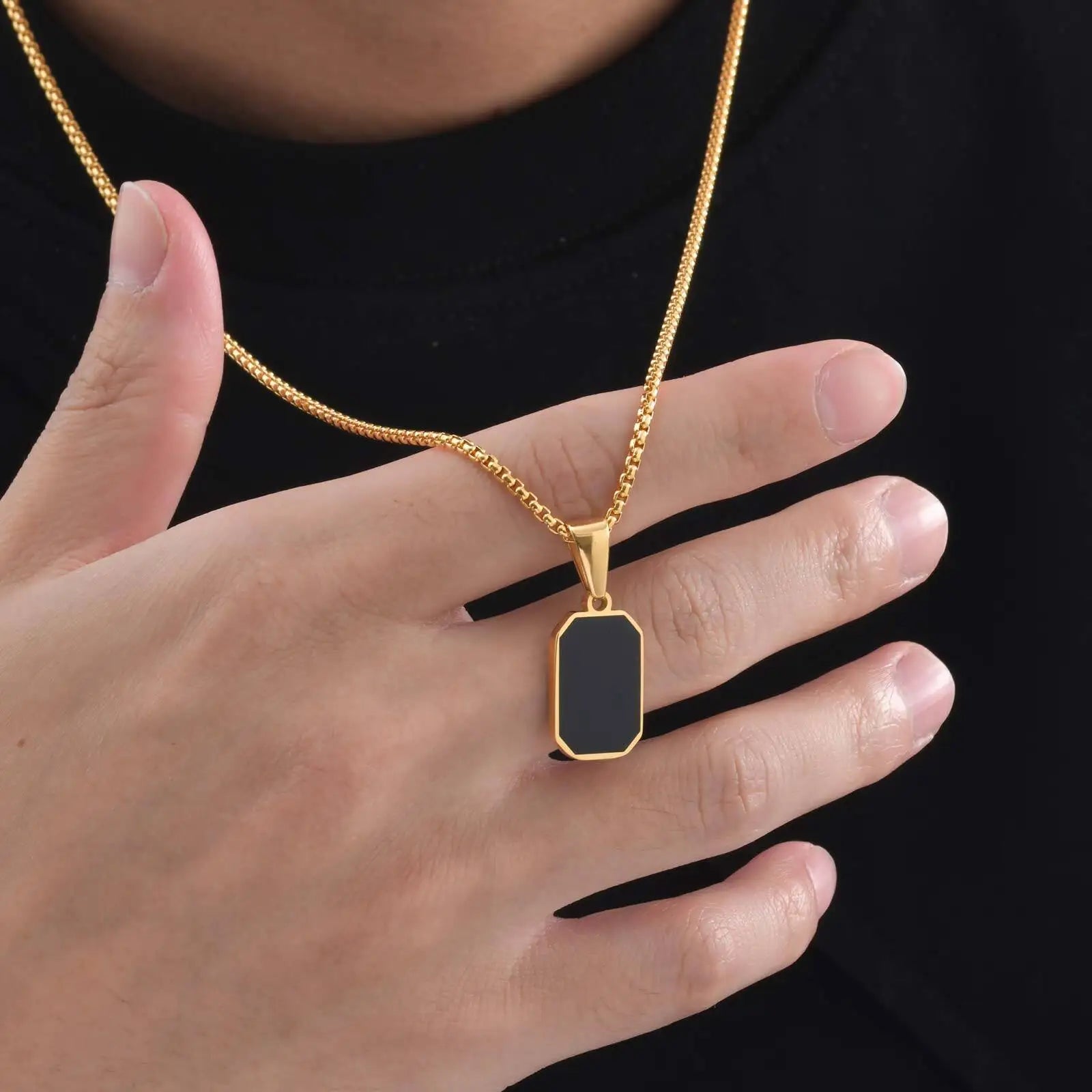 Men's Geometric Square Necklace | Black Enamel Rectangle Pendant with Rope Chain lifestyle view