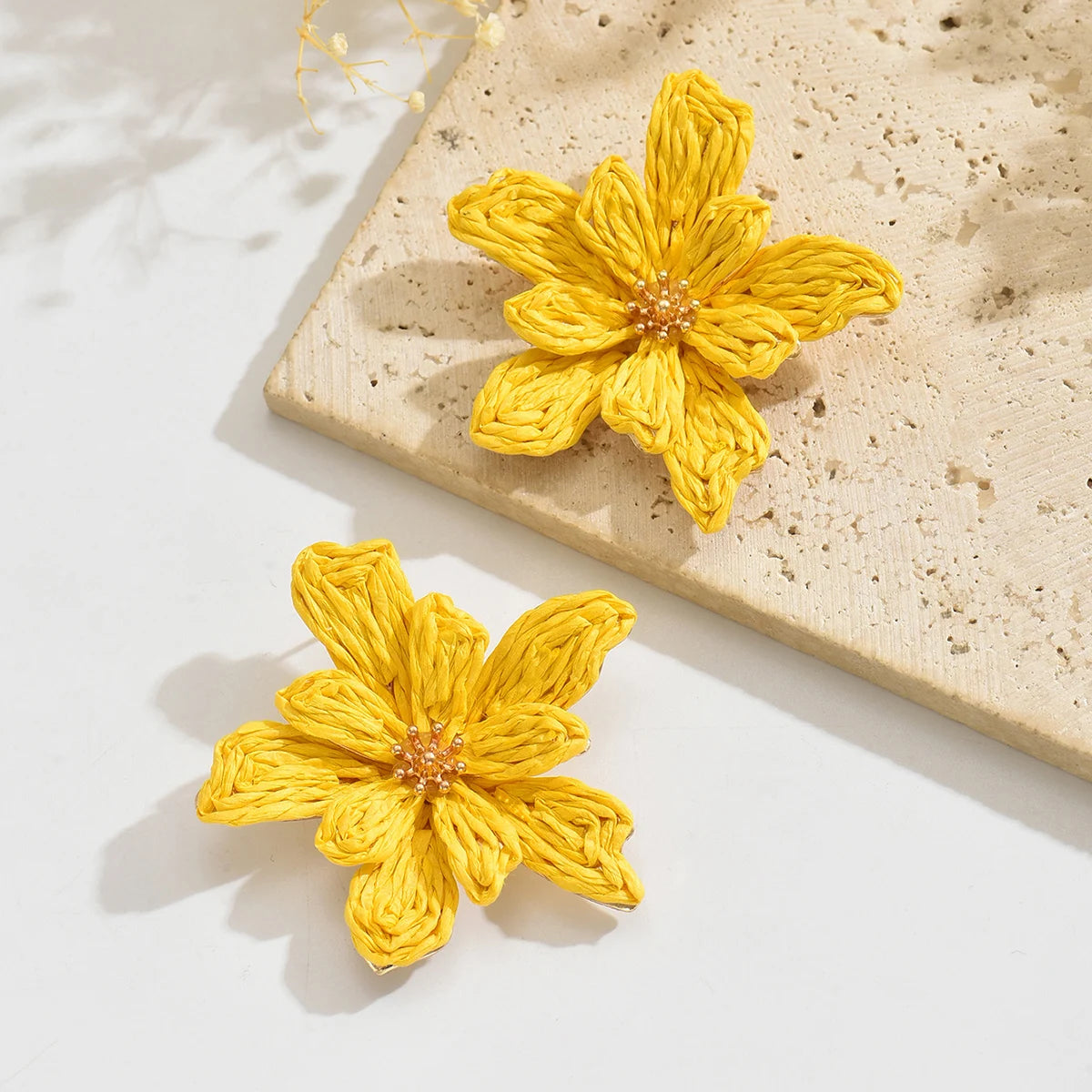 Boho Handmade Raffia Flower Earrings | Unique Summer Floral Drop Earrings for Women additional angle