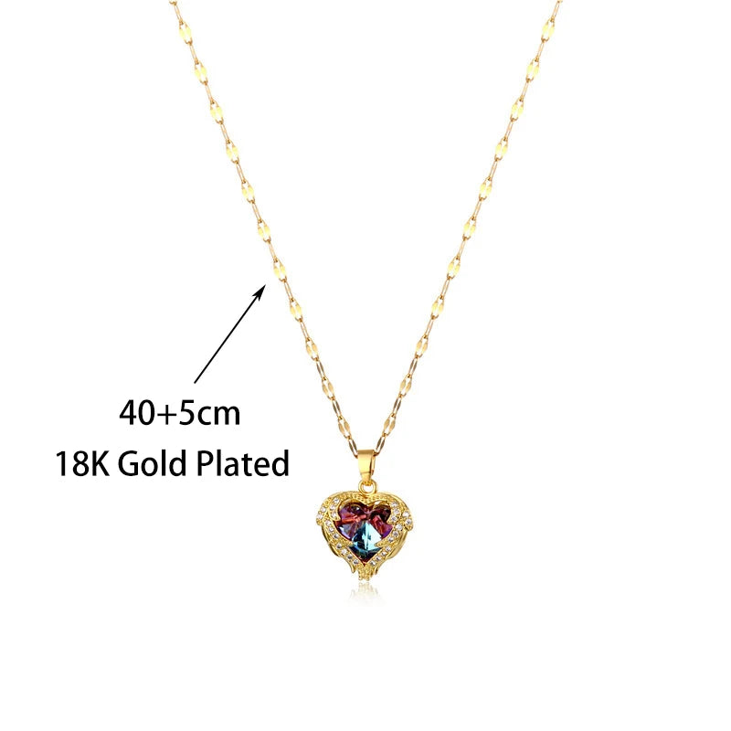 Stainless Steel Crystal Heart Pendant Necklace | Ocean Blue Water-Wave Chain for Wome alternate view