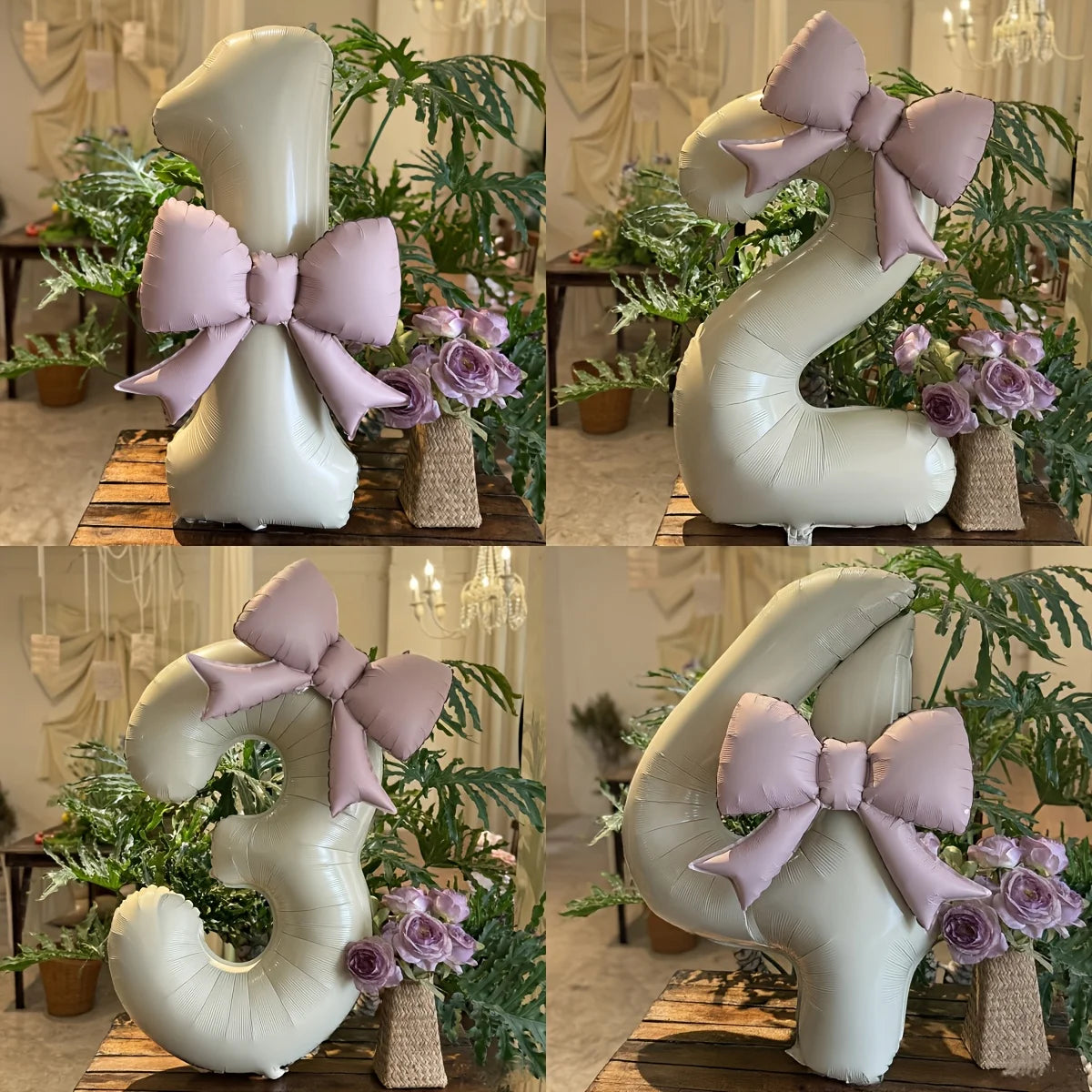 2 Pcs 32 Inch Cream Digital Balloon Set with Pink Bow | Aluminum Foil Party Decor alternate view