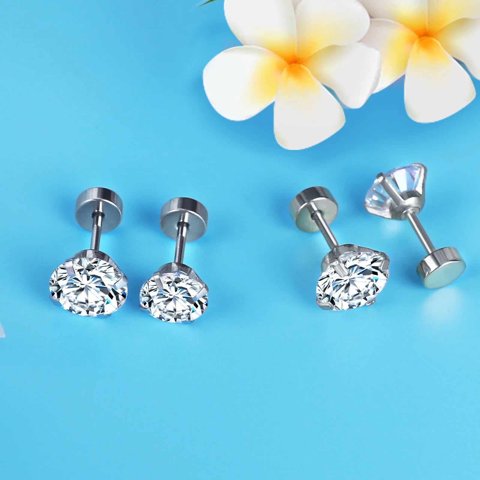 LUXUSTEEL Stainless Steel Round Cubic Zirconia Stud Earrings | Silver Screw-Back Earr lifestyle view