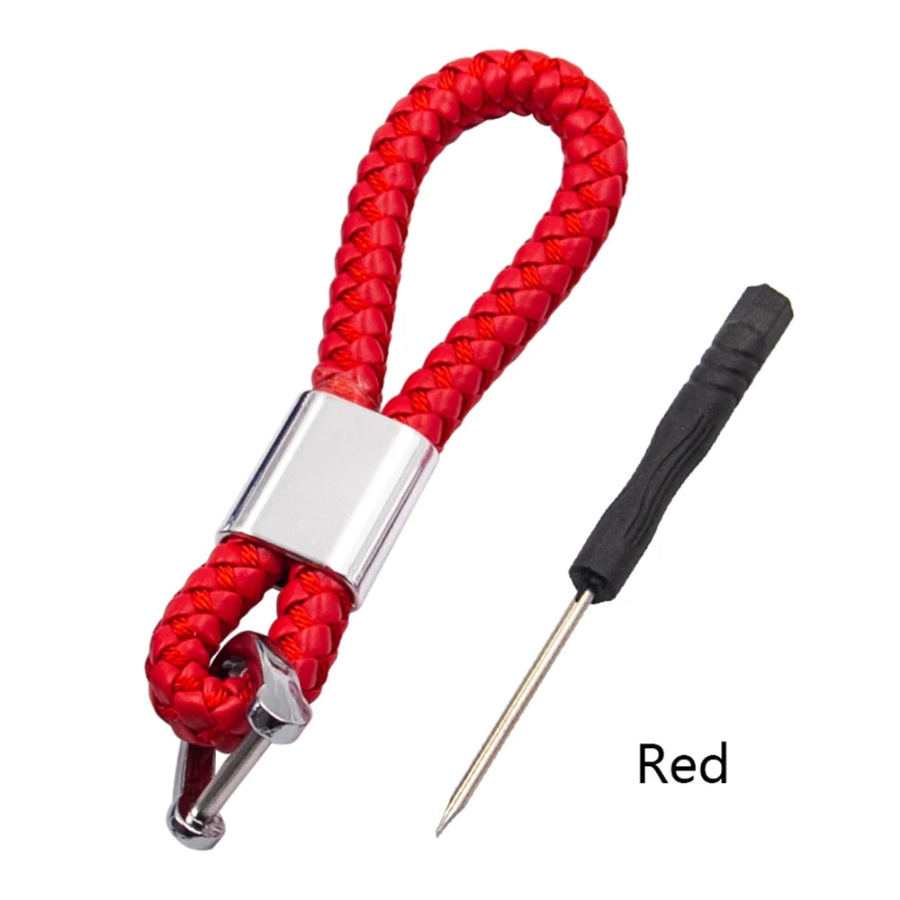 Handwoven Leather Car Keychain | Retro Horseshoe Buckle Key Ring close-up view